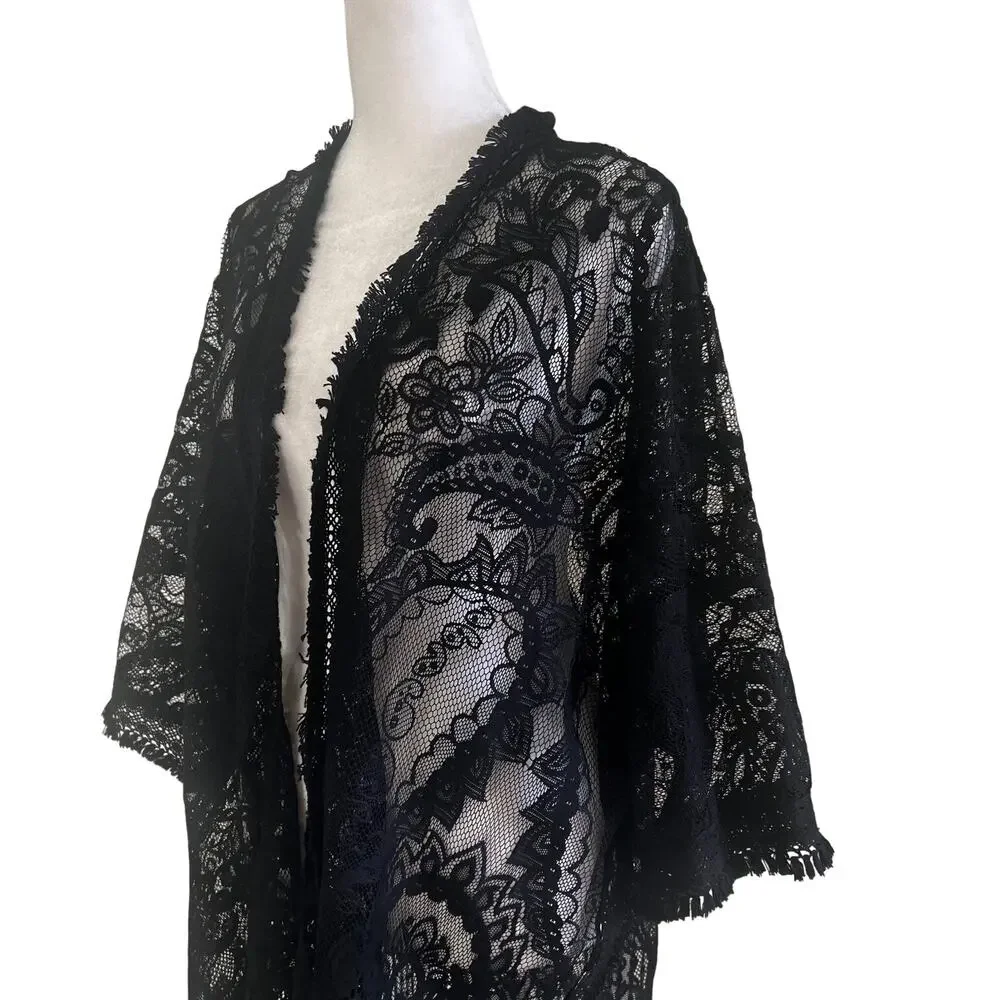 Womens Black Lace Kimono Fringe Shawl Sheer Boho Whimsigoth Layering One Size